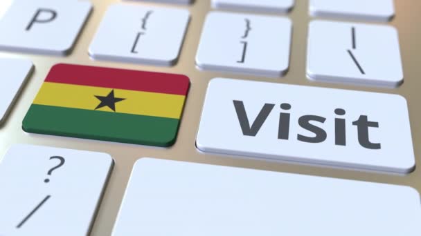 Επισκεφτείτε το κείμενο και τη σημαία της Γκάνας στα κουμπιά του πληκτρολογίου του υπολογιστή. Εννοιολογική κίνηση 3D — Αρχείο Βίντεο