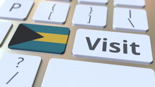 VISITAR texto e bandeira de Bahamas nos botões no teclado do computador. Animação 3D conceitual — Vídeo de Stock