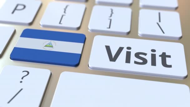 Bezoek de tekst en vlag van Nicaragua op de knoppen op het toetsenbord van de computer. Conceptuele 3D-animatie — Stockvideo