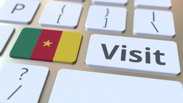 ВИЗИТ текст и флаг Камеруна на кнопках на клавиатуре компьютера. Концептуальная 3D анимация — стоковое видео