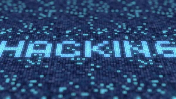 青いコンピュータディスプレイ上の六色記号は、ハッキングワードを構成します。3D レンダリング — ストック写真