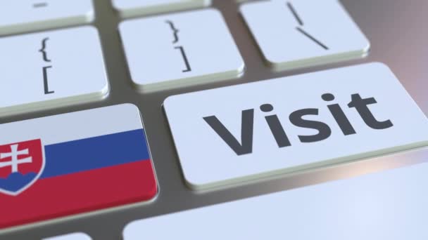 VISIT text and flag of Slovakia on the buttons on the computer keyboard. Conceptual 3D animation — Stock Video