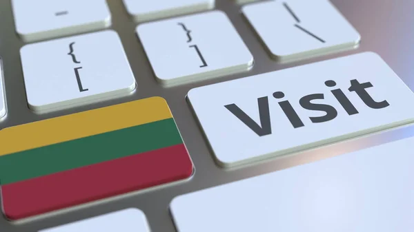 Odwiedź tekst i flaga Litwy na przyciski na klawiaturze komputera. Koncepcyjny rendering 3D — Zdjęcie stockowe
