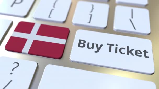 COMPRAR TICKET texto e bandeira da Dinamarca nos botões do teclado do computador. Viagens relacionadas com animação 3D conceitual — Vídeo de Stock