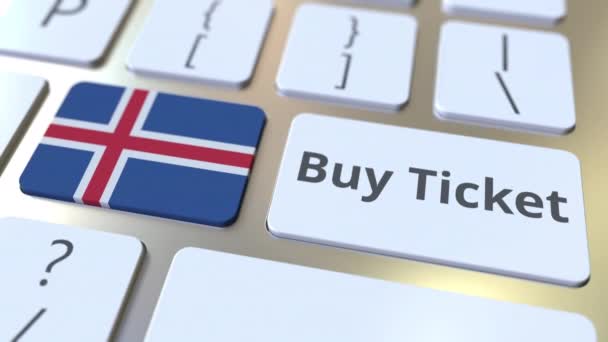 COMPRARE BIGLIETTO testo e bandiera dell'Islanda sui pulsanti sulla tastiera del computer. Animazione 3D concettuale correlata al viaggio — Video Stock