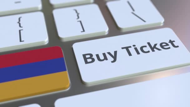 COMPRAR TICKET texto e bandeira da Arménia nos botões do teclado do computador. Viagens relacionadas com animação 3D conceitual — Vídeo de Stock