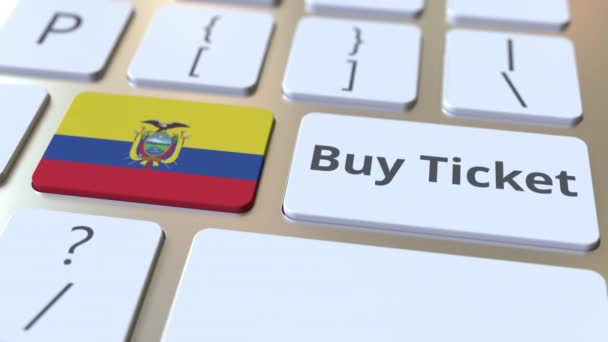 COMPRAR TICKET texto e bandeira do Equador nos botões no teclado do computador. Viagens relacionadas com animação 3D conceitual — Vídeo de Stock