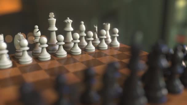 Début du jeu d'échecs. Les pions bougent. Chessboard close-up, animation 3D réaliste — Video