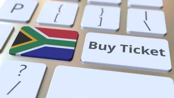 COMPRAR ENTRADA texto y la bandera de Sudáfrica en los botones en el teclado del ordenador. Viajes relacionados con la animación conceptual 3D — Vídeo de stock
