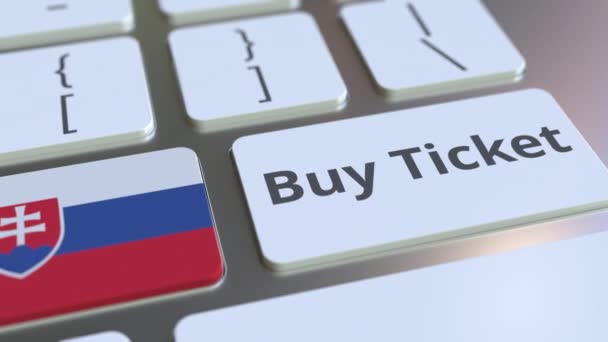 BUY TICKET text and flag of Slovakia on the buttons on the computer keyboard. Travel related conceptual 3D animation — Stock Video