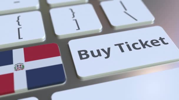 COMPRAR TICKET texto e bandeira da República Dominicana nos botões do teclado do computador. Viagens relacionadas com animação 3D conceitual — Vídeo de Stock