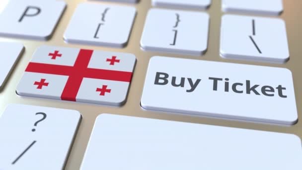 COMPRAR TICKET texto e bandeira da Geórgia nos botões no teclado do computador. Viagens relacionadas com animação 3D conceitual — Vídeo de Stock