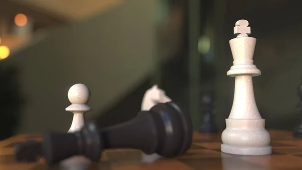 Xeque-mate ou mate no jogo de xadrez. Placa de xadrez close-up, renderização 3D realista — Fotografia de Stock