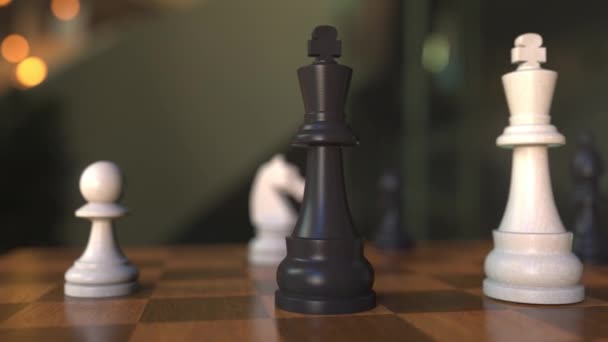 Checkmate or mate in chess game. Chessboard close-up, realistic 3D animation — Stock Video