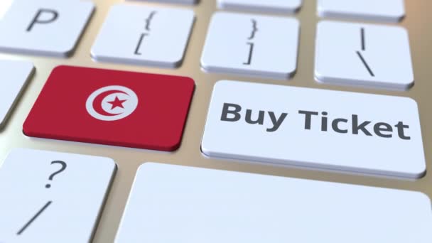COMPRAR ENTRADA texto y bandera de Túnez en los botones del teclado de la computadora. Viajes relacionados con la animación conceptual 3D — Vídeos de Stock