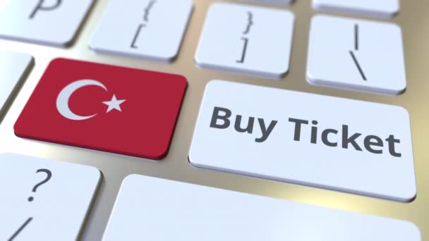在计算机键盘上的按钮上购买门票文本和土耳其国旗。旅行相关概念 3D 动画 — 图库视频影像