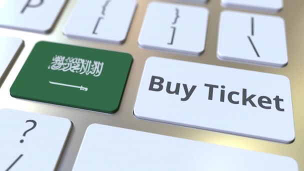 Koop ticket tekst en vlag van Saudi-Arabië op de knoppen op het toetsenbord van de computer. Aan reis gerelateerde conceptuele 3D-animatie — Stockvideo