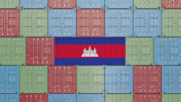 캄보디아의 국기와 컨테이너. 캄보디아 상품 관련 개념 3D 애니메이션 — 비디오