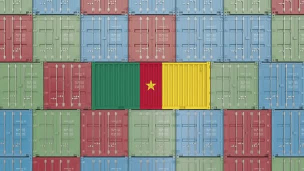 Контейнер с флагом Камеруна. Концептуальная 3D анимация — стоковое видео