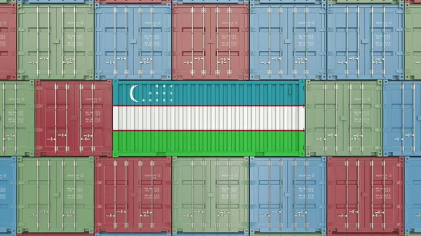 Container mit usbekischer Flagge. usbekische Waren im Zusammenhang mit konzeptionellen 3D-Rendering — Stockfoto