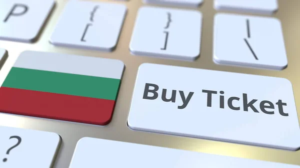COMPRAR ENTRADA texto y la bandera de Bulgaria en los botones en el teclado del ordenador. Visualización 3D conceptual relacionada con viajes — Foto de Stock