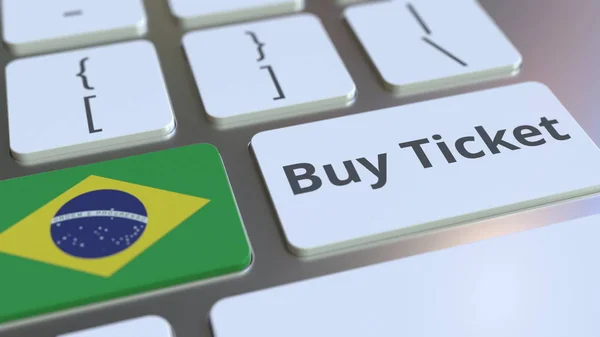 Koop ticket tekst en vlag van Brazilië op de knoppen op het toetsenbord van de computer. Aan reis gerelateerde conceptuele 3D-rendering — Stockfoto