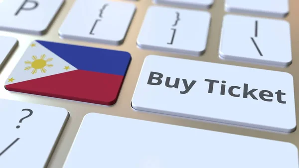 Teks BUY TICKET dan bendera Filipina pada tombol pada papan ketik komputer. Travel terkait perenderan konseptual 3D — Stok Foto