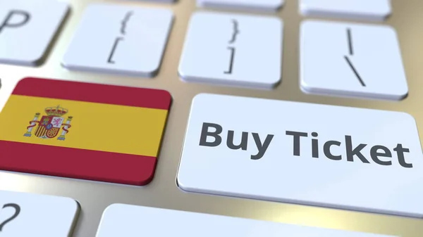 COMPRAR TICKET texto e bandeira da Espanha nos botões do teclado do computador. Viagens relacionadas com renderização 3D conceitual — Fotografia de Stock