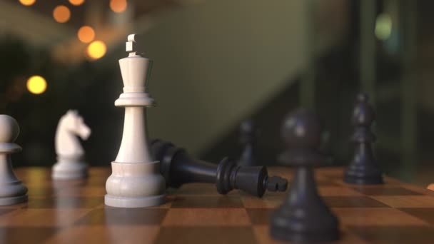 Checkmate or mate in chess game. Chessboard close-up, 3D animation — Stock Video