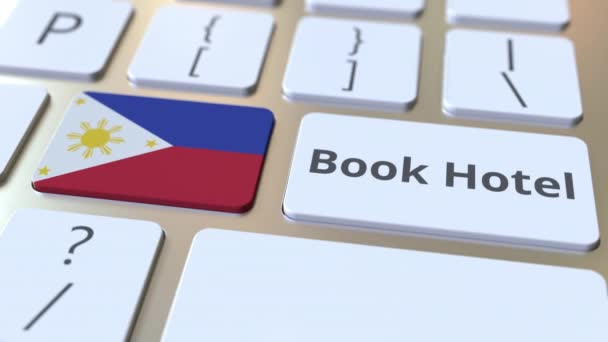 Boek Hotel tekst en vlag van Philippines op de knoppen op het toetsenbord van de computer. Aan reis gerelateerde conceptuele 3D-animatie — Stockvideo