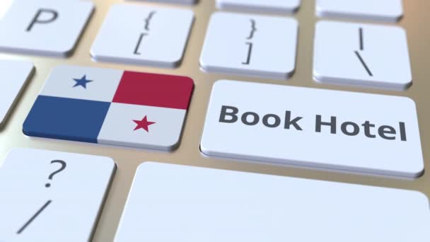 Bilgisayar klavyesindeki düğmelerde Kitap Otel metin ve Panama bayrağı. Seyahat ile ilgili kavramsal 3d animasyon — Stok video