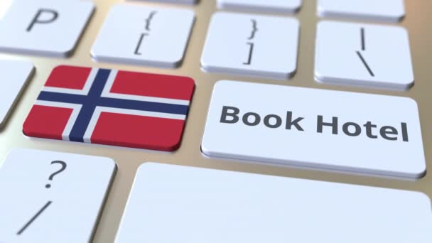 컴퓨터 키보드의 버튼에 호텔 텍스트와 노르웨이의 국기를 예약합니다. 여행 관련 개념3D 애니메이션 — 비디오