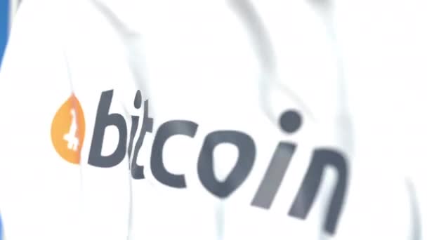 Bandiera sventolante con logo Bitcoin primo piano, animazione 3D richiudibile — Video Stock