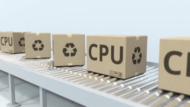 Rulo konveyör üzerinde bilgisayar Cpus ile Kartonlar. Döngülü 3d animasyon — Stok video