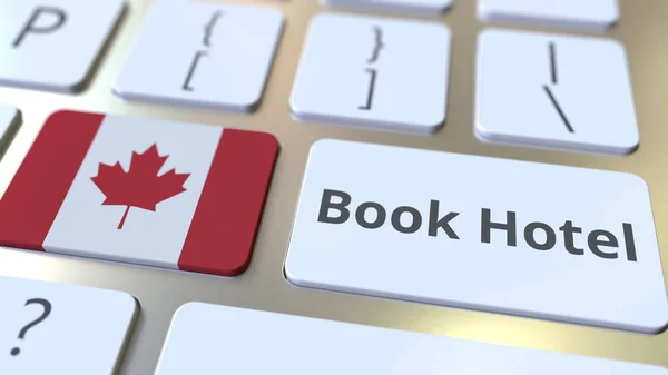 Бронювати готель текст і Прапор Канади по кнопках на клавіатурі комп'ютера. Пов'язані концептуальне 3D-відтворення — стокове фото