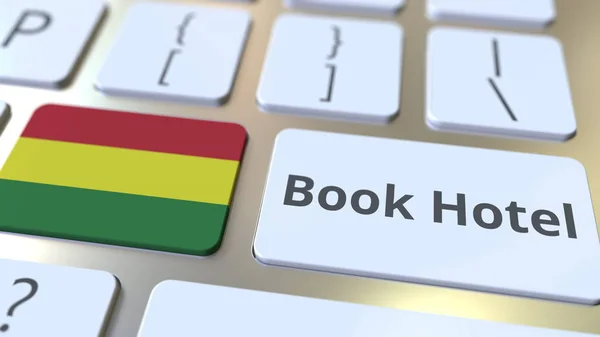 Bilgisayar klavyesindeki düğmelerde Kitap Otel metin ve Bolivya bayrağı. Seyahat ile ilgili kavramsal 3d render — Stok fotoğraf