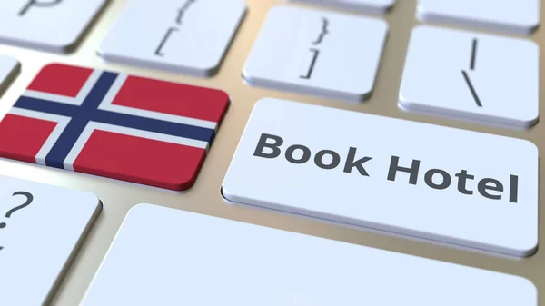 LIBRO HOTEL texto y la bandera de Noruega en los botones del teclado del ordenador. Visualización 3D conceptual relacionada con viajes — Foto de Stock