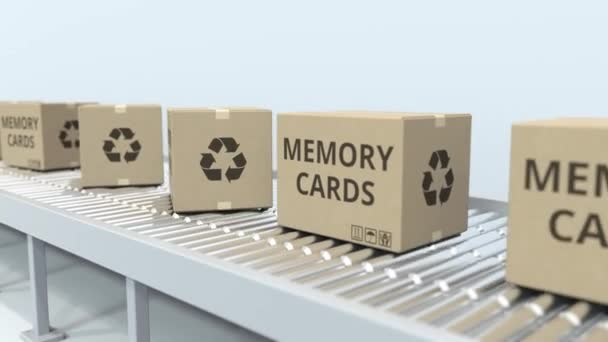 Silindir konveyörde hafıza kartı olan kartonlar. Döngülü 3d animasyon — Stok video