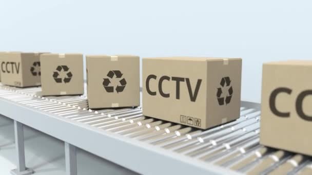 Cartons with CCTV equipment on roller conveyor. Loopable 3D animation — Stock Video