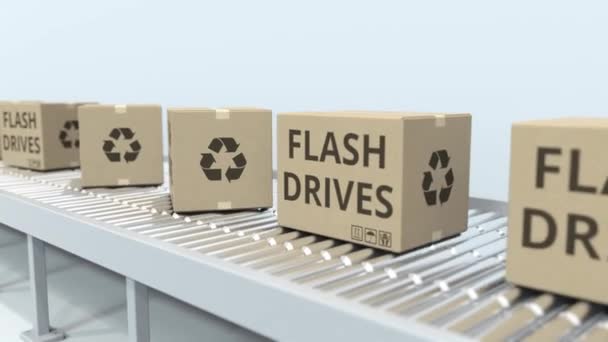 Cartons with flash drives on roller conveyor. Loopable 3D animation — Stock Video