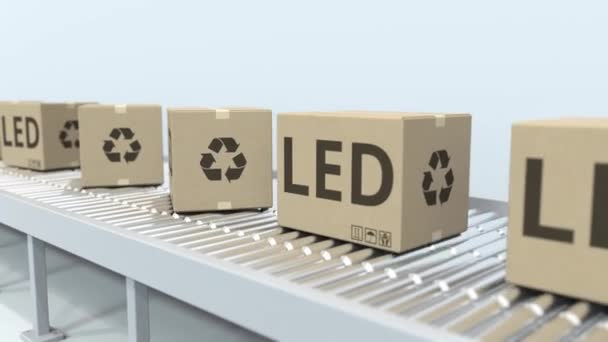 Cutii cu echipamente de iluminat cu LED-uri pe transportoare cu role. Animație 3D Loopable — Videoclip de stoc