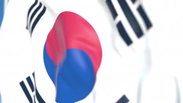 Размахивание национальным флагом Южной Кореи крупным планом, зацикленная 3D анимация — стоковое видео