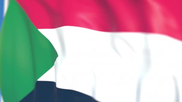 Размахивание национальным флагом Судана крупным планом, зацикленная 3D анимация — стоковое видео