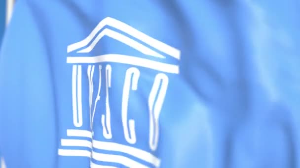 Ondeando la bandera nacional de la UNESCO de cerca, editorial loopable animación 3D — Vídeos de Stock