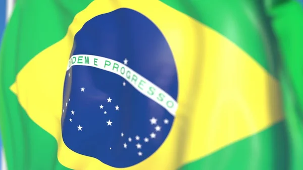 Размахивание национальным флагом Бразилии крупным планом, 3D рендеринг — стоковое фото