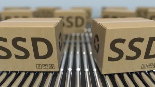 Krabice s SSDs na kolečkových dopravech. Smykliatelná 3D animace — Stock video