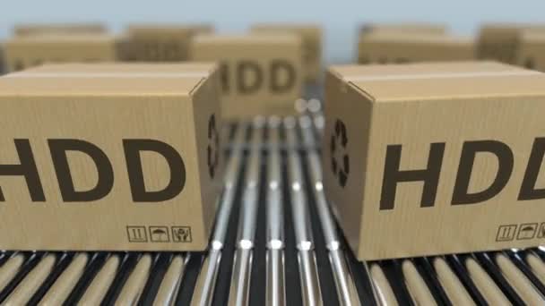 Cartons with HDDs on roller conveyors. Loopable 3D animation — Stock Video
