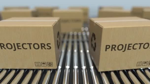 Boxes with projectors on roller conveyors. Loopable 3D animation — Stock Video