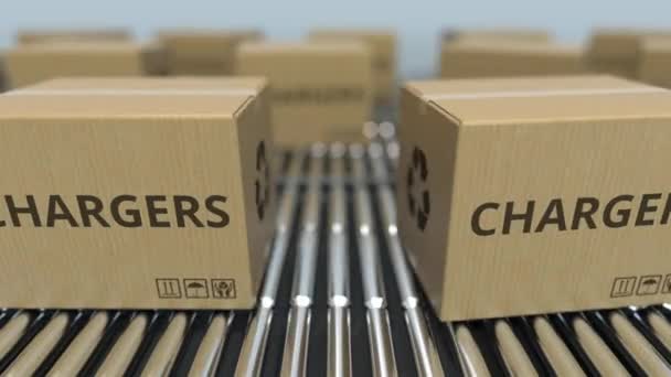 Cartons with chargers on roller conveyors. Loopable 3D animation — Stock Video
