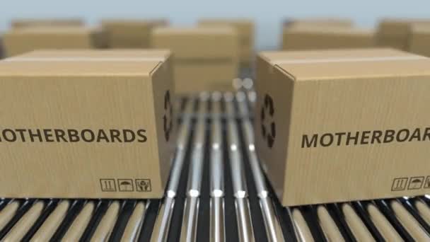 Kartons mit Computermotherboards auf Rollenbahnen. Schlupflöcher 3D-Animation — Stockvideo